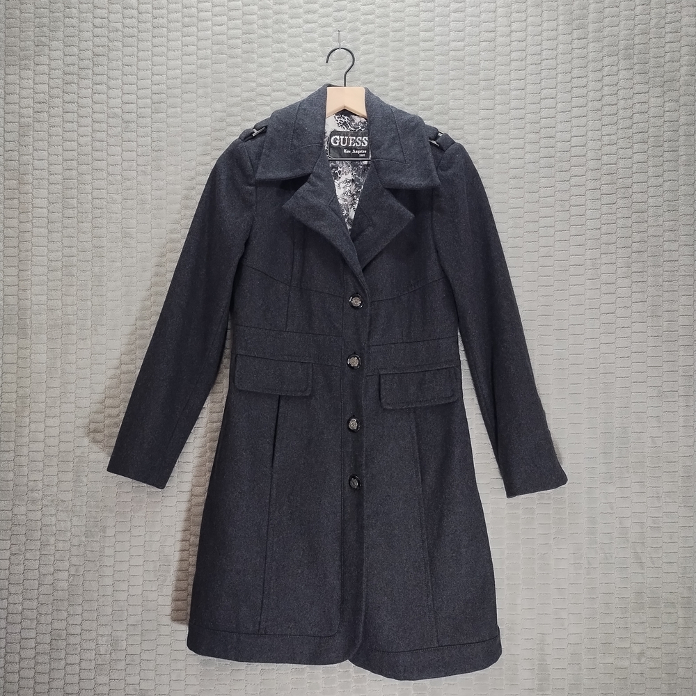 GUESS Dark Gray Single Breasted Peacoat Wool Blend-Y2K-Sz S